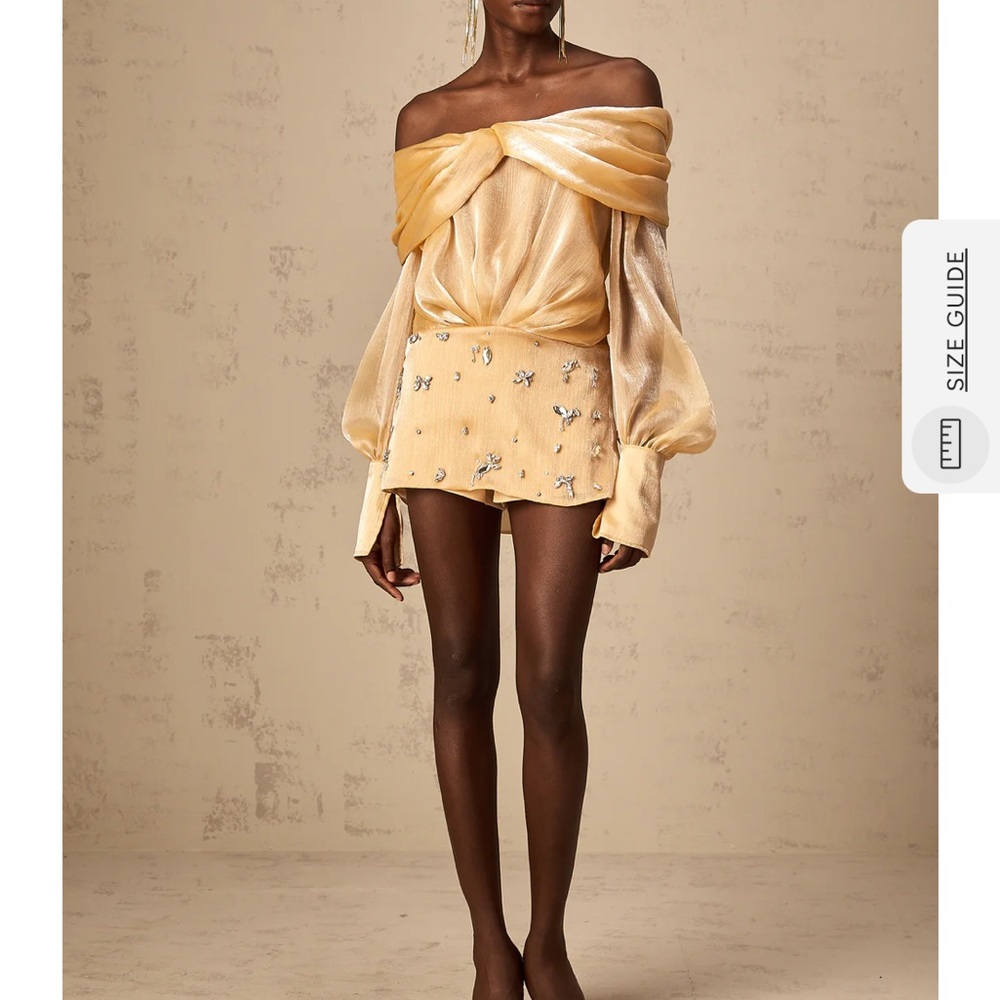 Off-Shoulder Gold Mini Dress with Embellished Skirt